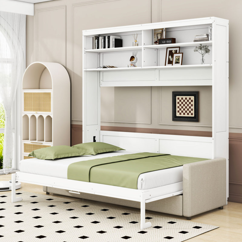 Grand lit escamotable multifonctionnel avec canapé Dorae - Conception peu encombrante, Blanc