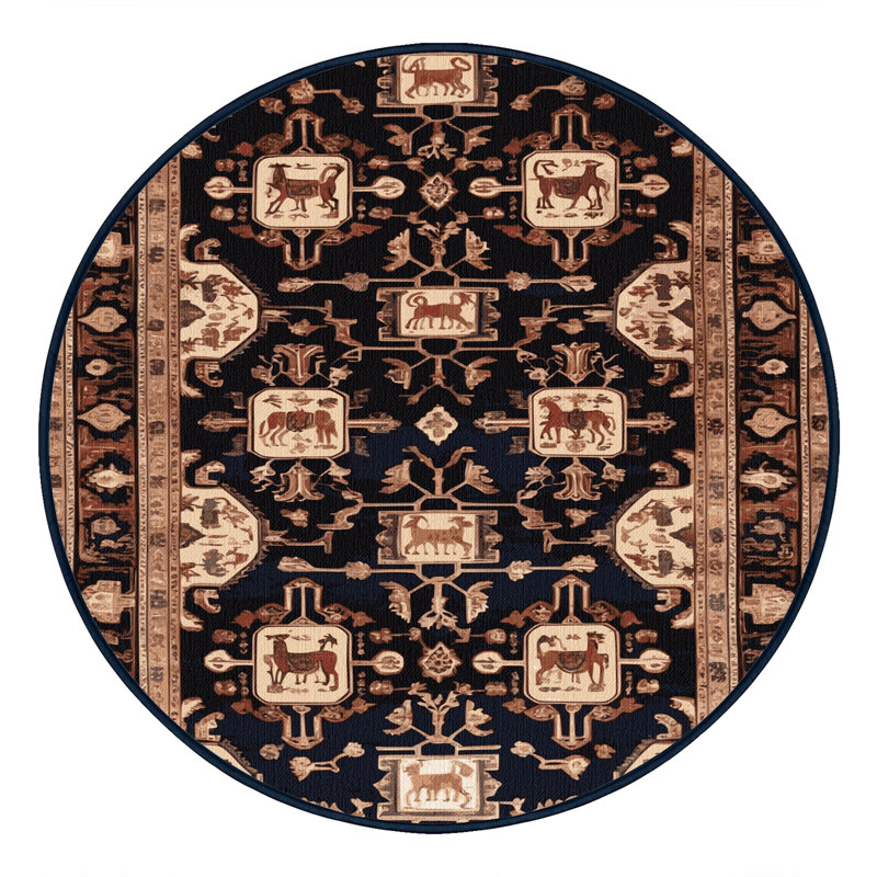 Machine Washable Persian Black Area Rug, Round 3'