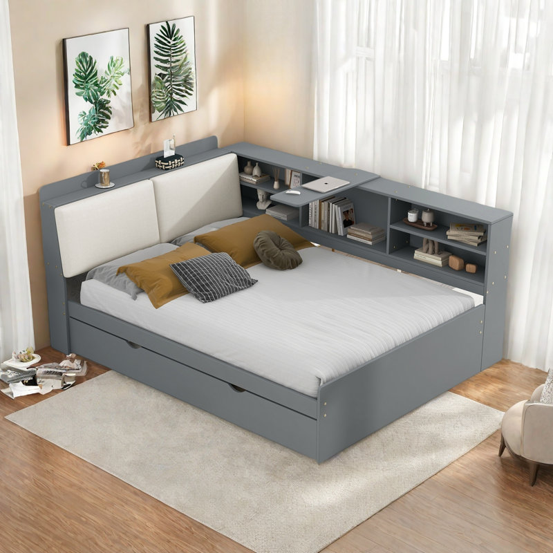 Daybed With Trundle, Storage Shelves, Upholstery Headboard And Rotatable Storage Board, Gray, Full/Double