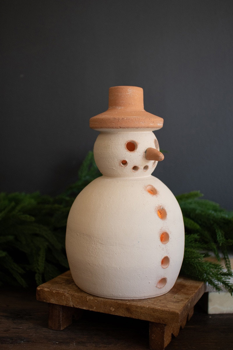 Terracotta Snowman Holiday Lantern