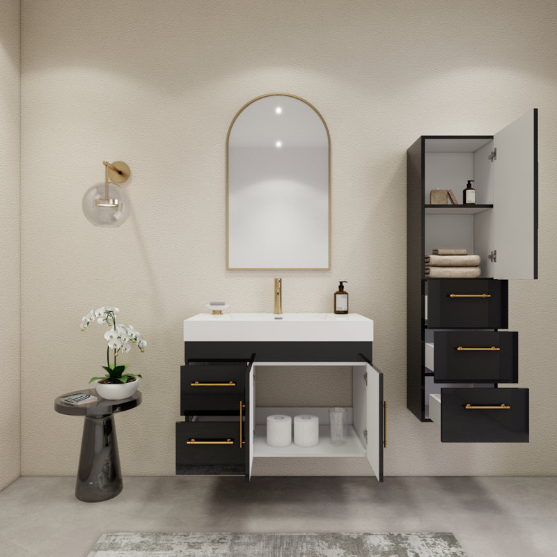 35.4" Wall-Mounted Single Bathroom Vanity Set, Glossy Black