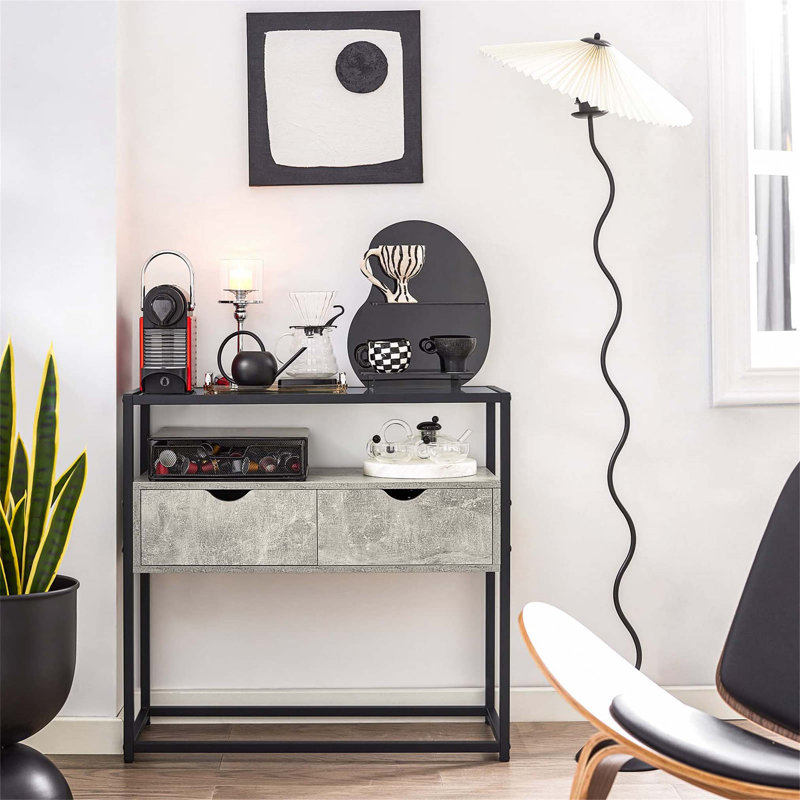 Annam 81cm Glass Top Console Table, Black/Grey