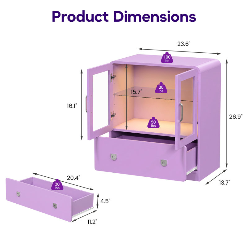 Vitrine haute 27 po avec portes en acrylique et lumières DEL, Mauve
