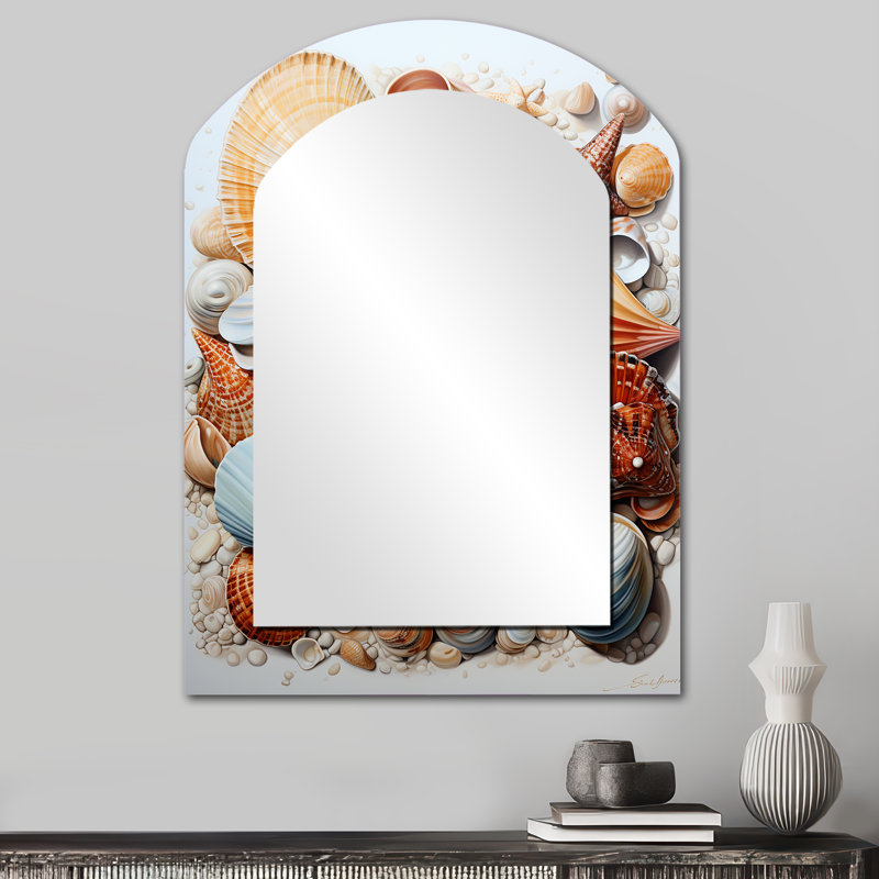 Beach Photo Seashell Beauty III - Coastal Asymmetrical Decorative Wall Mirror, Coral Arch Mirror, Printed Metal Art