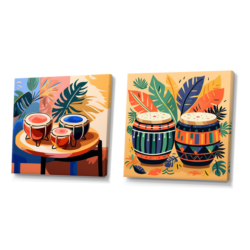 «Mexico Drums Music Instruments I», ensemble de 2 reproductions d'art sur toile, Toile tendue, H 16 po x l 33 po x P 1 po