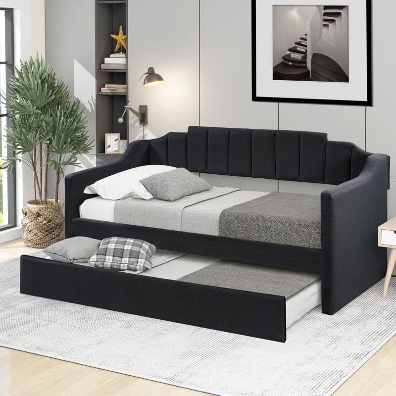  Upholstered Twin Daybed with Pull-Out Trundle Bed Frame, Guest-Ready Sleeper, Black