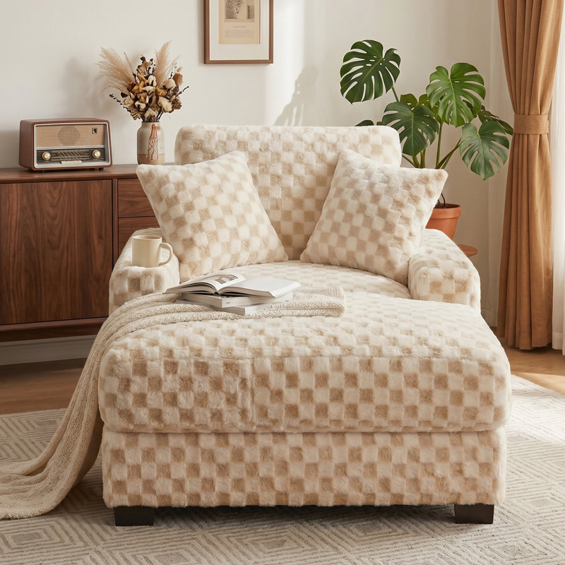 Chaise avec accoudoirs rembourrés en fausse fourrure de 41 pouces et fauteuil surdimensionné avec structure en bois, Sand