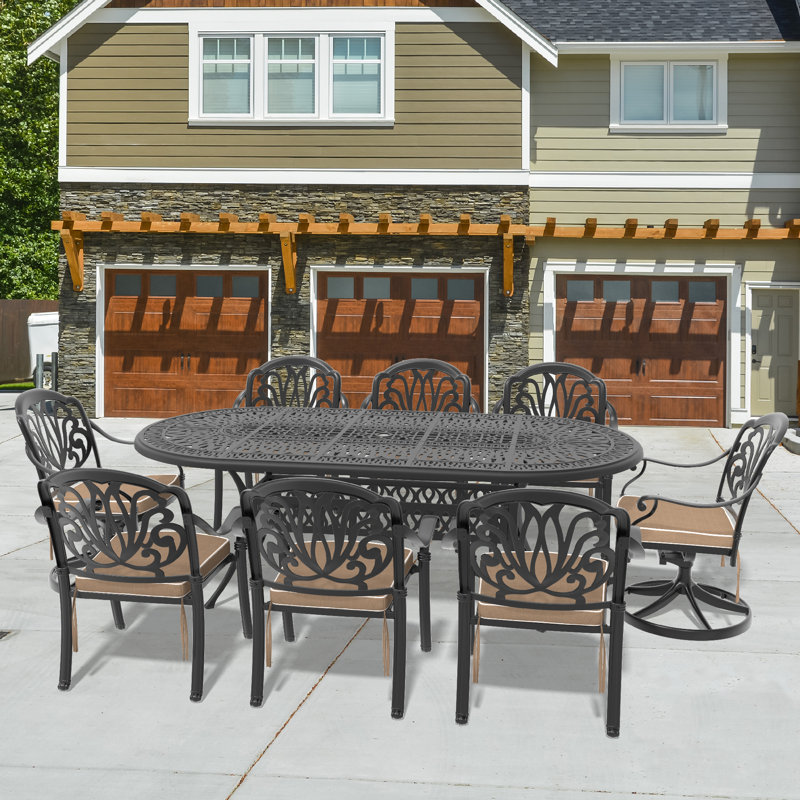 8-Person Rectangular Cast Aluminum Patio Dining Set with 2 Swivel Chairs & Cushions & Umbrella Hole