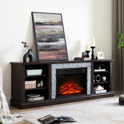 Meuble télé avec bordure en faux pierre et foyer de 23 po, cerisier, l 70,74 po x P 15,24 po x H 26,41 po, convient au grand foyer de table télé de 75 po