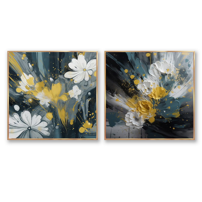Paysage de jacinthe jaune et blanc - ensemble de 2 collages floraux carrés, Cadre flottant doré, H 16 po x l 33 po