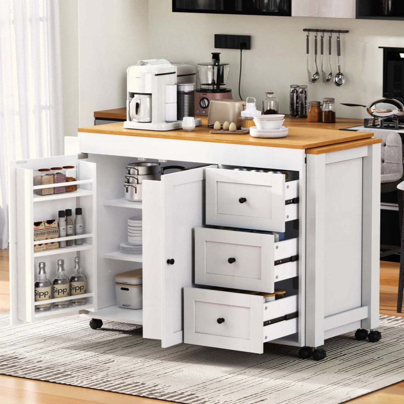 Kitchen Island With Extendable Dining Table, Kitchen Storage Cart With 3 Drawers, Power Outlet, Rolling Kitchen Island On Wheels With Spice Rack And 2 Door Cabinet, For Kitchen