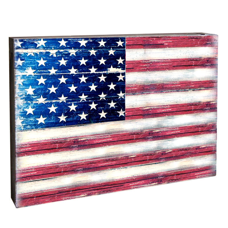 Drapeau américain-impression sur bois, H 8 po x l 6 po x P 1,75 po