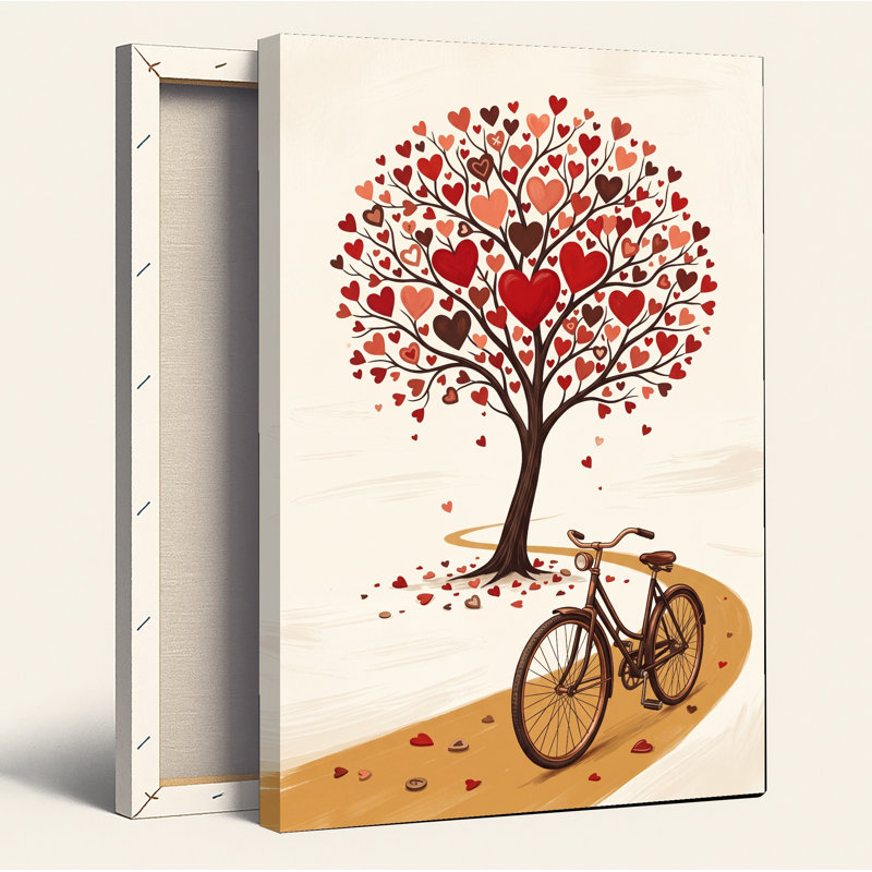 «Red Heart Tree» avec bicyclette rétro, art mural sur toile, 24"H x 18"W