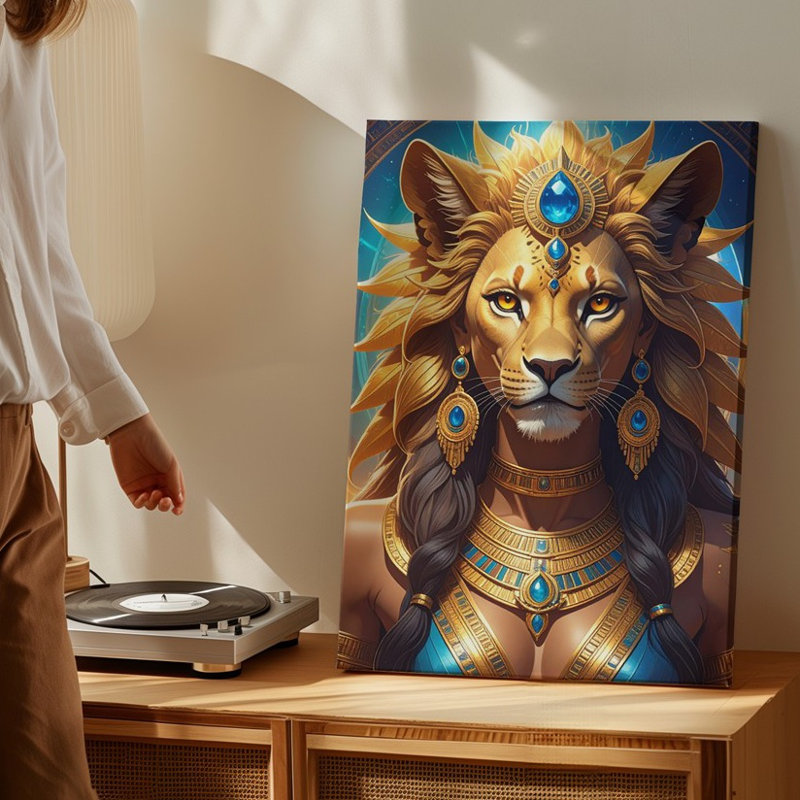 Toile, déesse du lion Sekhmet, H 9 po x l 12 po