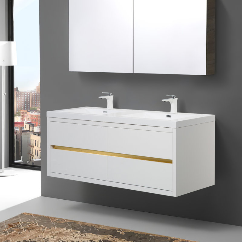 Meuble-lavabo mural 60 po, brillant, Blanc