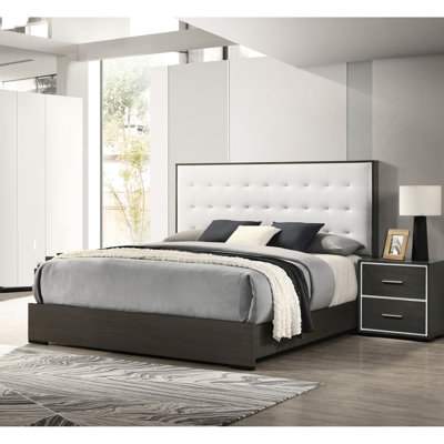 Grand lit à panneau luxueux avec tête de lit, tapissier gris et beige