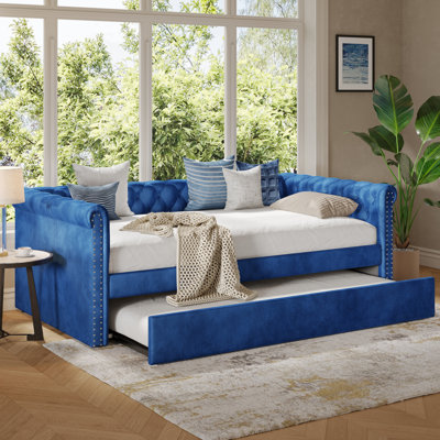 Lahari Contemporary Velvet Upholstered Daybed with Button Tufting and Pull-Out Trundle