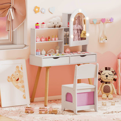 Ensemble de coiffeuse pour enfants avec 3 modes d'éclairage, luminosité réglable, armoire de toilette blanche