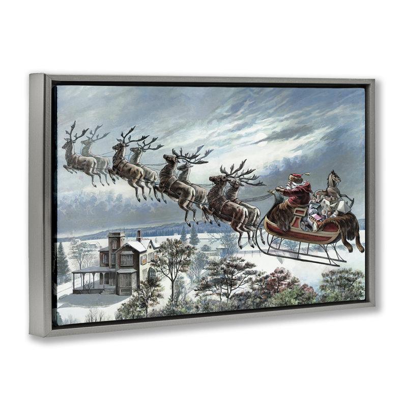 Cadre flottant en forme de traîneau du Père Noël au-dessus de la ville, design par Arlington Prints, H 17 po x l 25 po