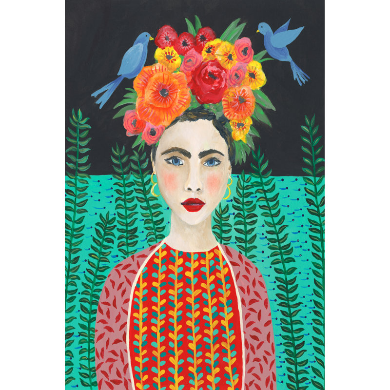 «Frida Head Coiff II» par Regina Moore - peinture sur toile tendue, H 48 po x l 32 po, Impression encadrée sans passe-partout