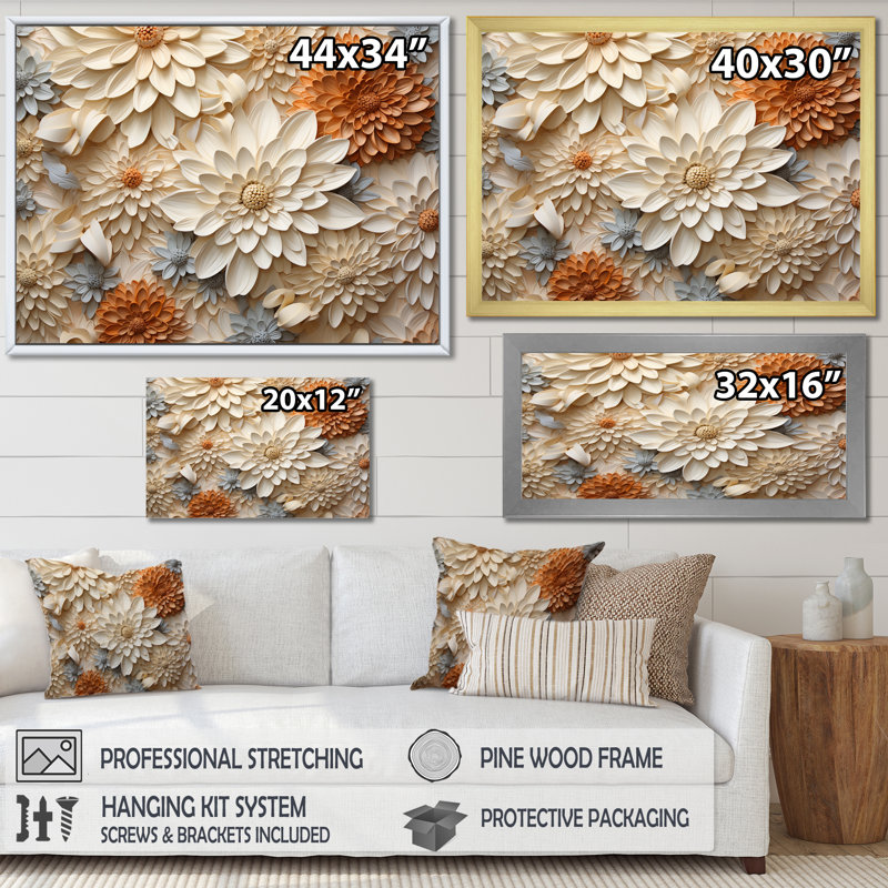 Fleurs de zinnias beiges sur toile, Cadre simple noir, H 12 po x l 20 po x P 1 po