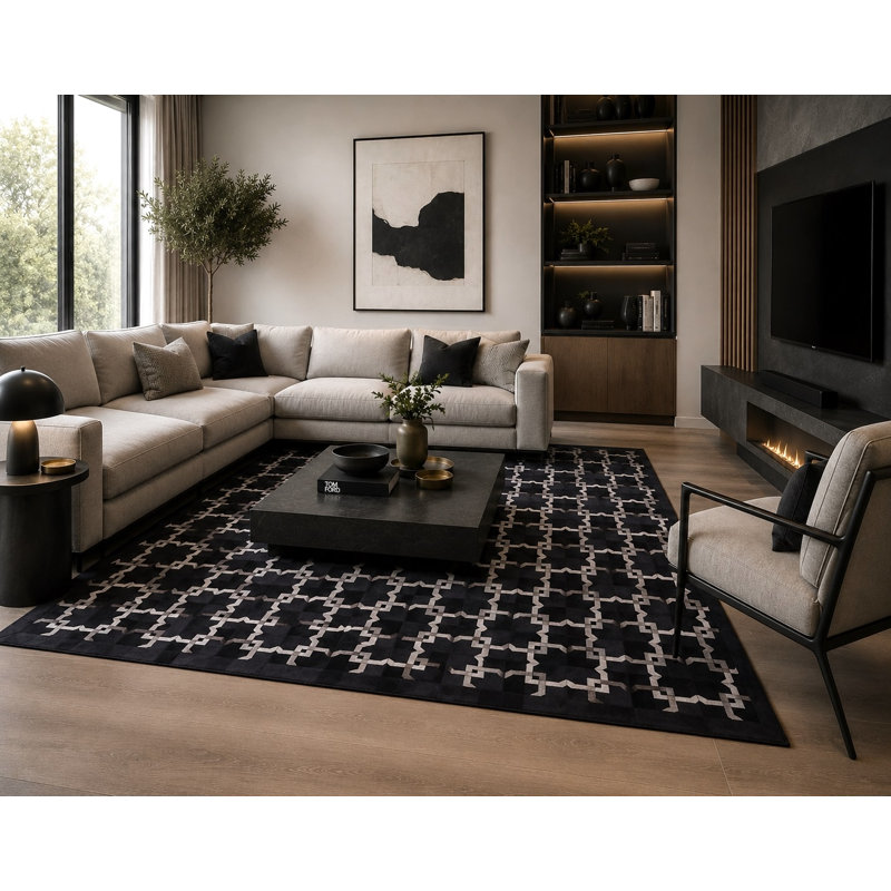 Tapis Abani HID450A Noir Ivoire à motif de patchwork carré en treillis Soriano, 5 pi x 8 pi