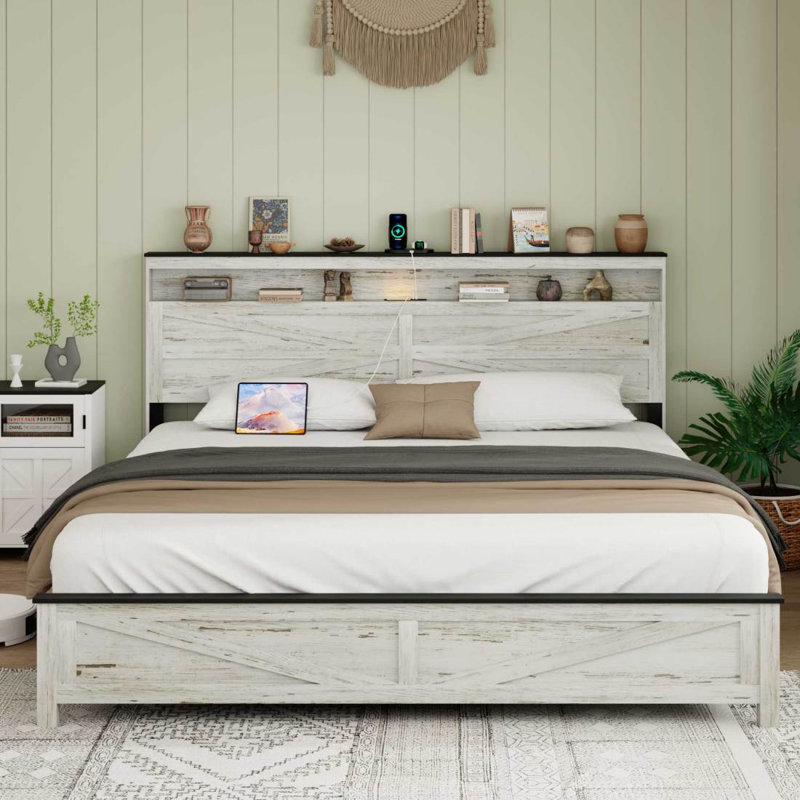 Très grand lit avec tête de lit en bois et espace de rangement caché, sans sommier tapissier, blanc, Très grand lit