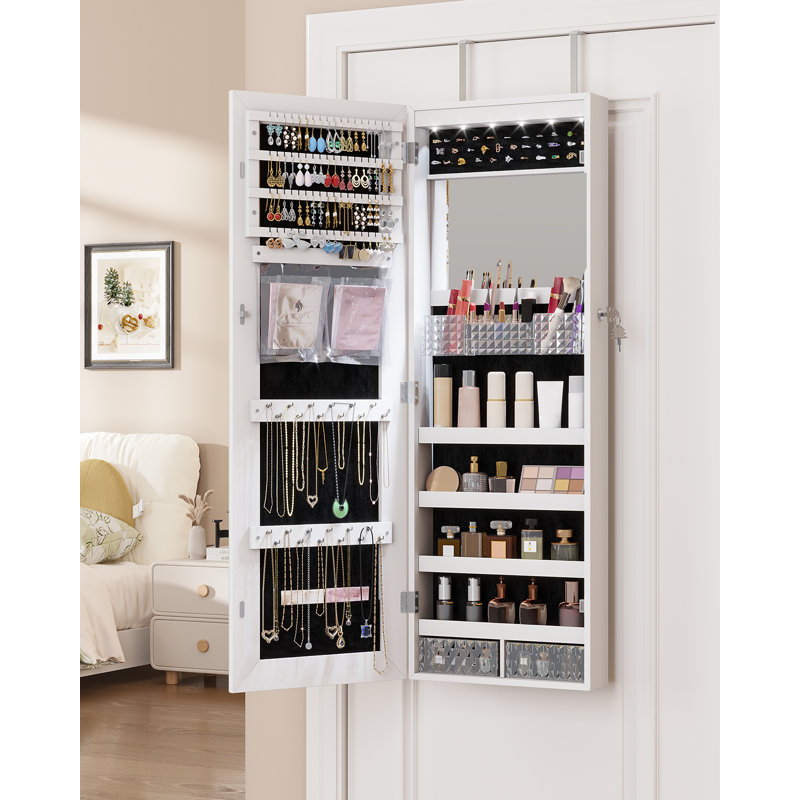Jewelry Cabinets with Mirror and LED Lights, Door Hanging/Wall Mounted Jewelry Armoire, White