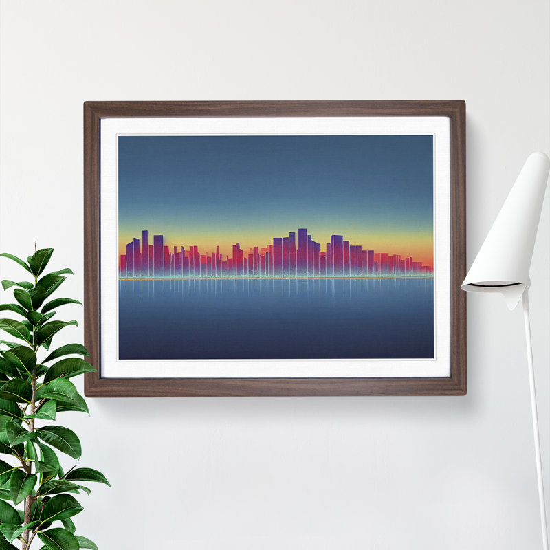 Cool City Skyline Architecture - Framed Print, 46cm H x 64cm W x 2cm D, Walnut
