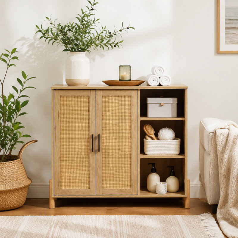 Armoire de rangement Mid-Century moderne avec portes en rotin tissé, tablettes ouvertes et tablettes réglables - pour le salon et la salle à manger