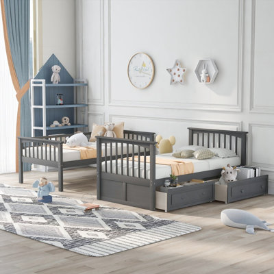Lit superposé simple avec tiroirs - Bois de pin massif Panneau de fibres à densité moyenne, aucun sommier requis, L 79,6 po x l 43,6 po x H 64,1 po