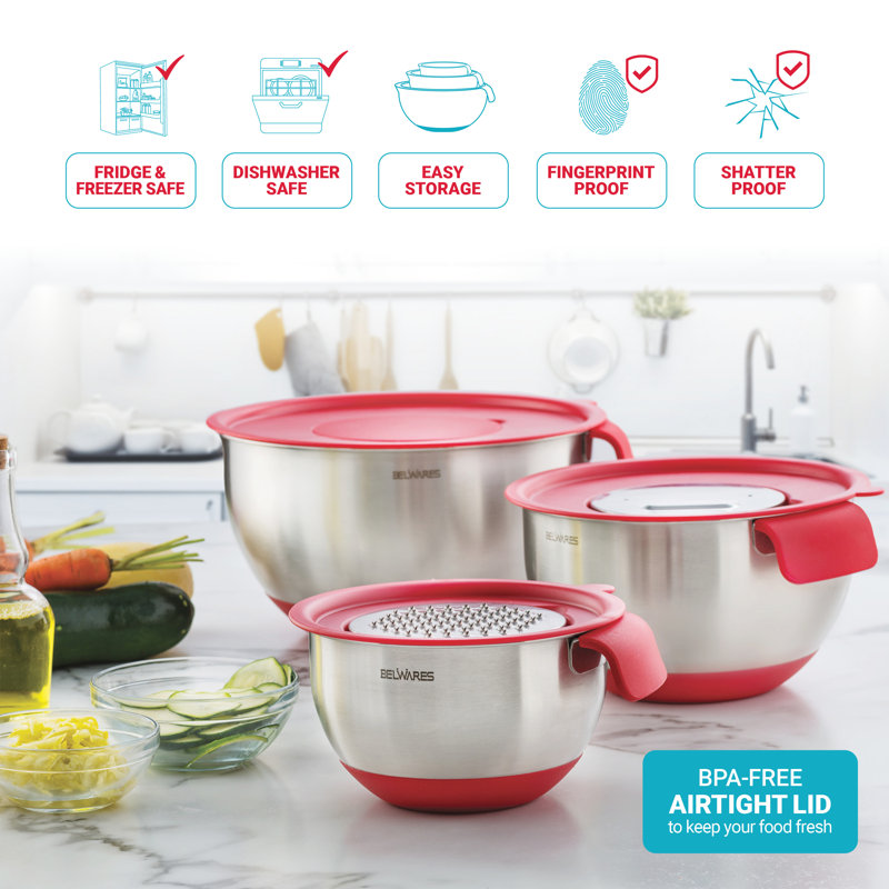 Red Stainless Steel Nesting Mixing Bowl Set with Lids and Graters