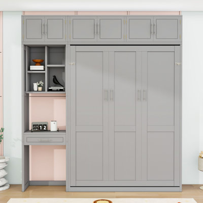 Lit escamotable en bois avec bureau, armoires, tiroir et tablettes