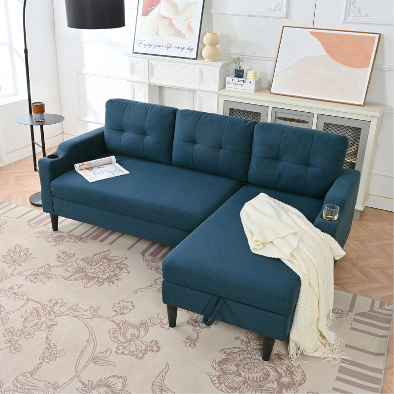 Canapé-lit escamotable, canapé-lit modulaire convertible en L avec méridienne de rangement, Bleu