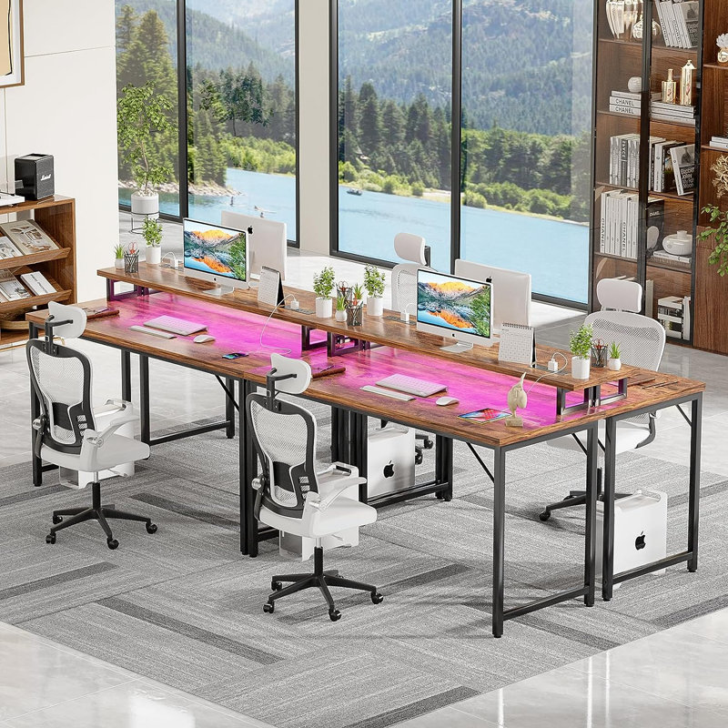 Iancarlo Metal Base Computer Desk with Power Outlet, 33.9" H x 47.3" W x 22.4" D, Rustic Brown/Black