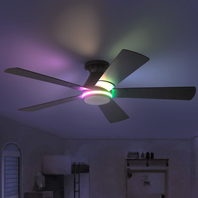 52" 5-blade Flush Mount Ceiling Fans With Lights and Remote, 6 Wind Speeds And Reversible, Modern Low Profile Fan Light For Indoor/covered Outdoor