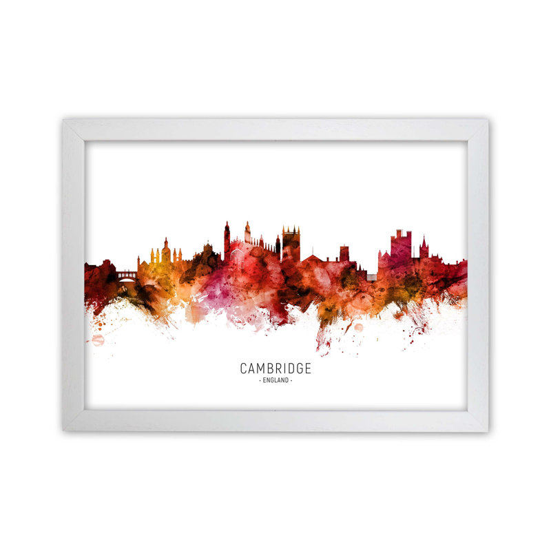 Cambridge England Skyline Red City Name by Michael Tompsett - Print, 34cm H x 46cm W x 3cm D, White Framed