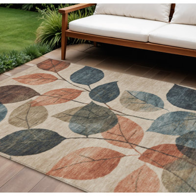 9' X 12' Beige Copper And Denim Blue Floral Washable Indoor Outdoor Area Rug