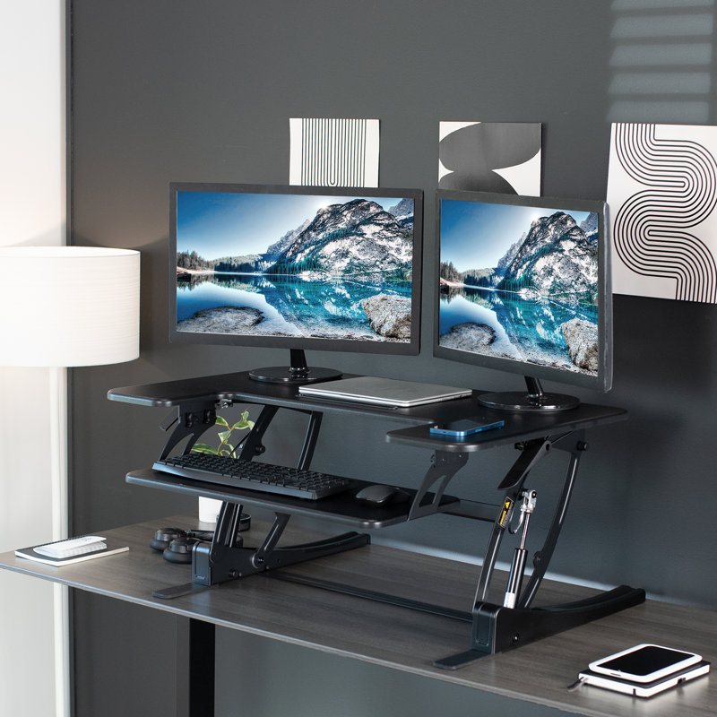 Vivo Light Wood 36" White Frame Standing Desk Converter