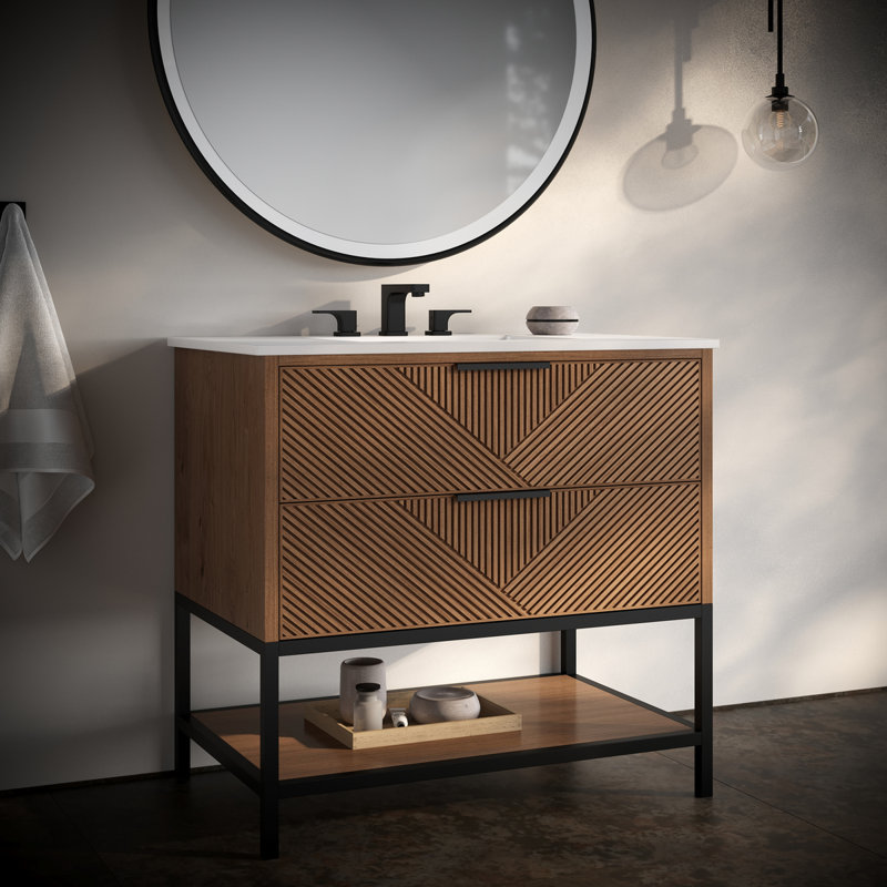 Diamond 36'' W Single Vanity, Matte Black, Walnut, White Quartz