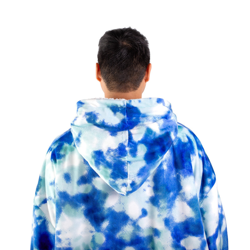 Couverture en sherpa à capuche portable, Teinture sur nœuds – bleu, Adulte
