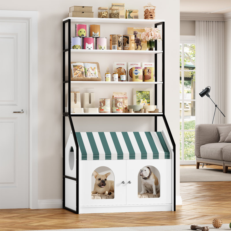 Meuble cage pour chien 3 en 1 avec rangement et tablettes ouvertes