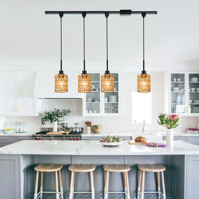 Ensemble de 4 luminaires suspendus suspendus de type H en rotin noir, douille E26. Ne comprend pas le rail de rail de type H de 39,4 pouces et le connecteur de baldaquin flottant à rail en H.