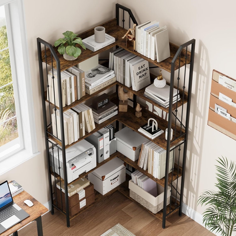 Corner Bookshelf 72" L Shaped Bookcase, Corner Bookshelves Industrial Bookcase 5 Tier L-Shape Bookshelf, Large Bookcases with Beaded Design Tall Display Rack Shelf for Living Room Bedroom