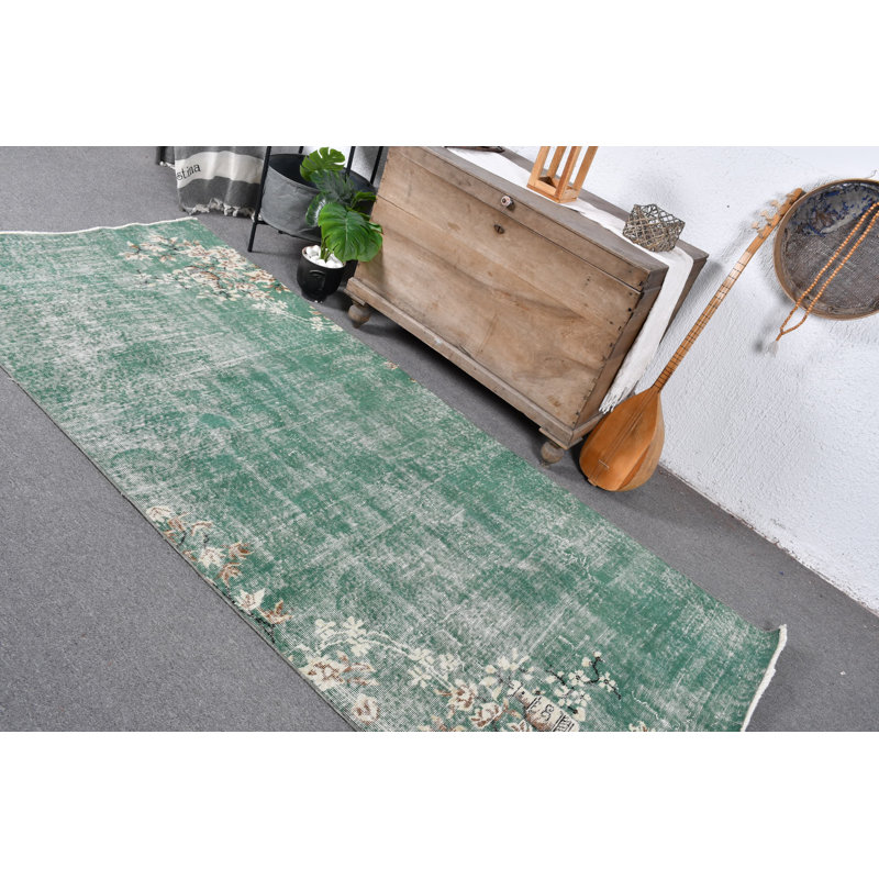 Tapis turc vintage à motif floral Oushak - Tapis en laine noué à la main beige / vert