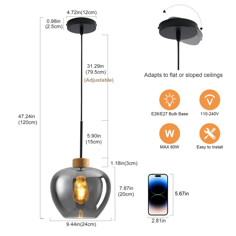 Luminaire suspendu simple en verre et rotin 1 lumière