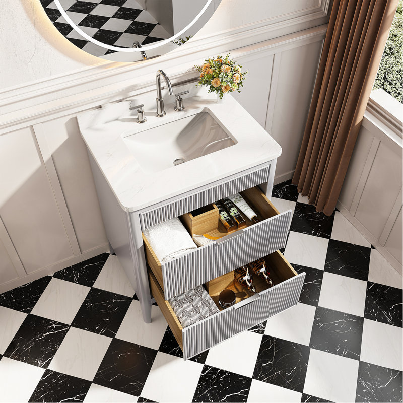 Ensemble de meuble-lavabo autoportant 30 po avec 2 ensembles de poignées et plateau en marbre d'ingénierie entièrement assemblé gris