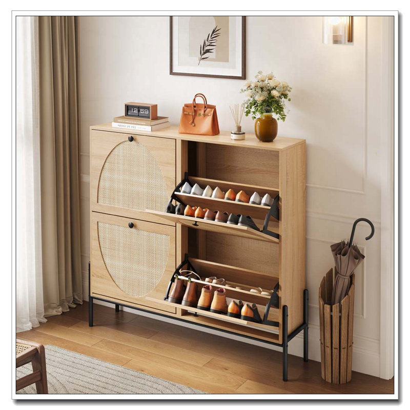 Rattan Shoe Cabinet with 4 Flip-Down Doors, Oak