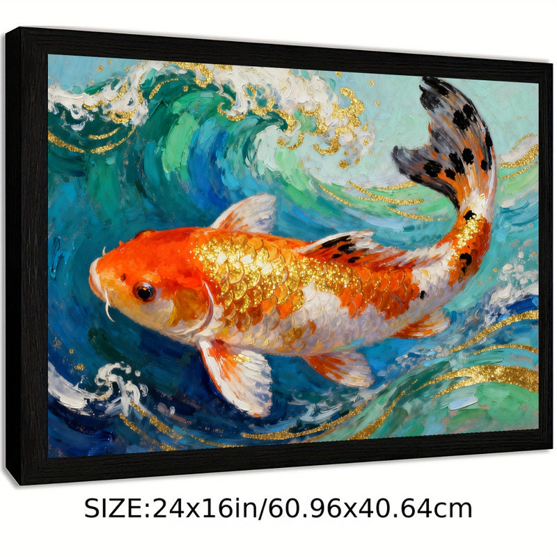 Art encadré noir, poisson koi doré dans des vagues, impression impressionnante de peinture aquatique impressionniste