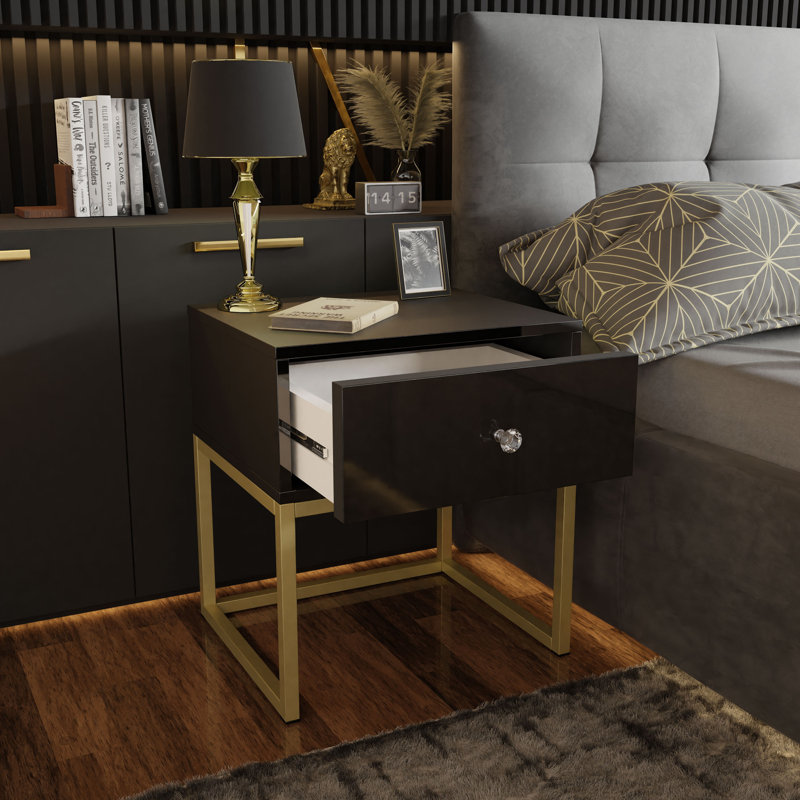 Varonique 1 Drawer Bedside Table, Gold, Black